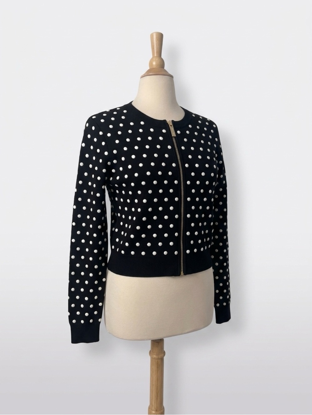 Michael Kors Black Jacket with White Polka Dots and Zip Front
